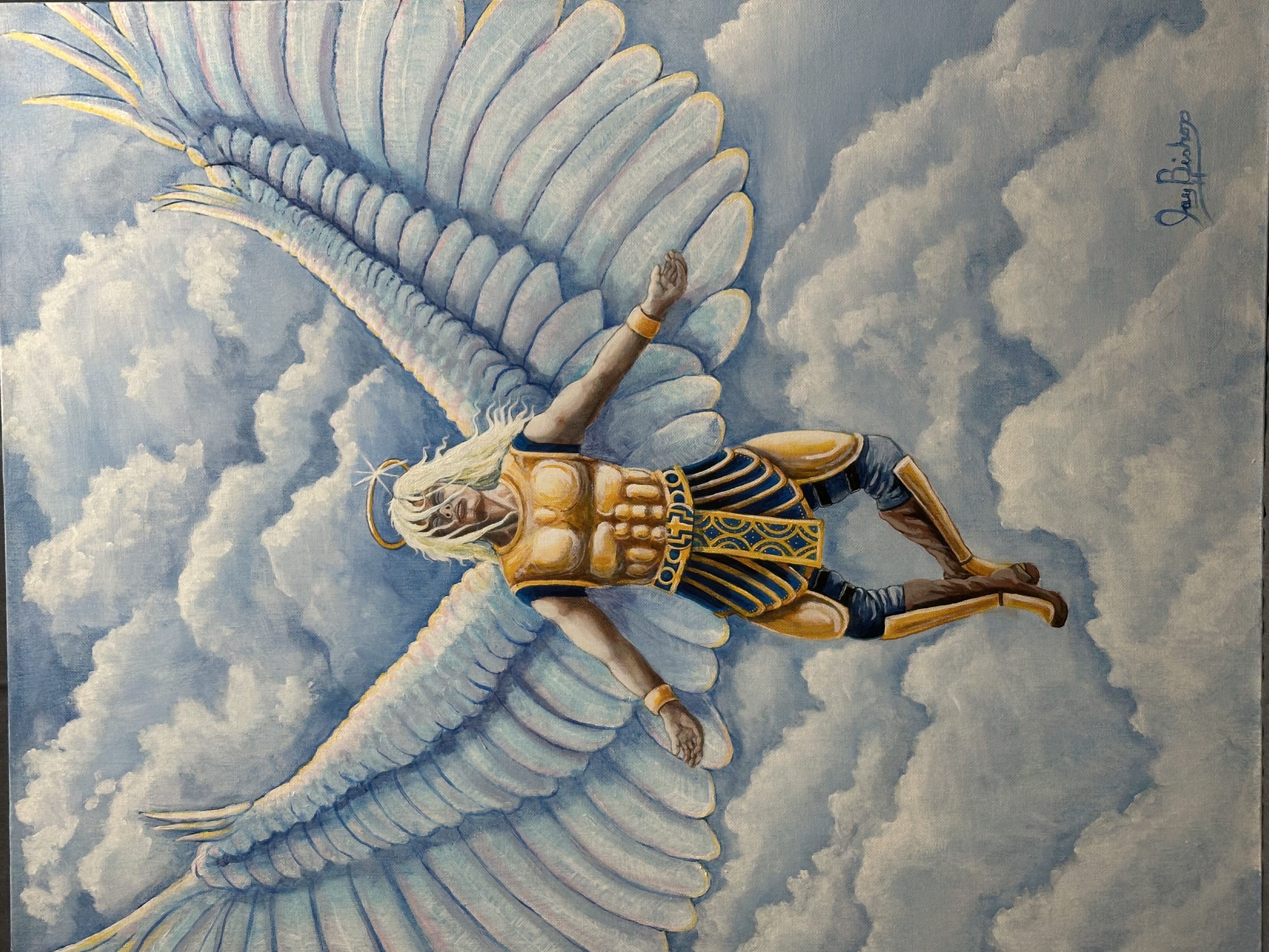A winged warrior in golden plate armor with white-and-gold feathered wings spread wide against a sky of layered clouds.