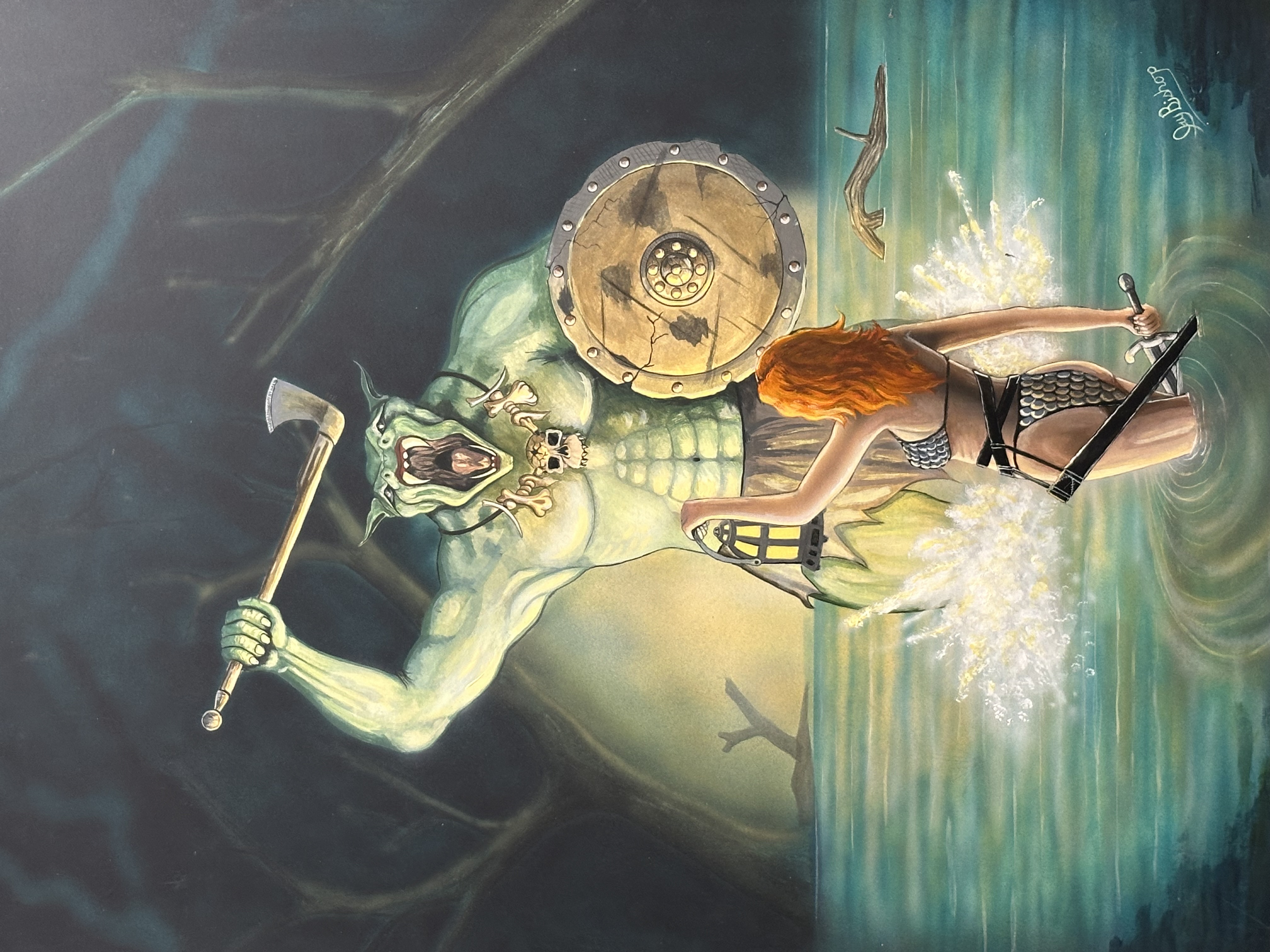 A green-skinned creature with an axe and a wooden shield surfaces in a dim cavern pool while a red-haired figure with a sword dives toward it through teal water.